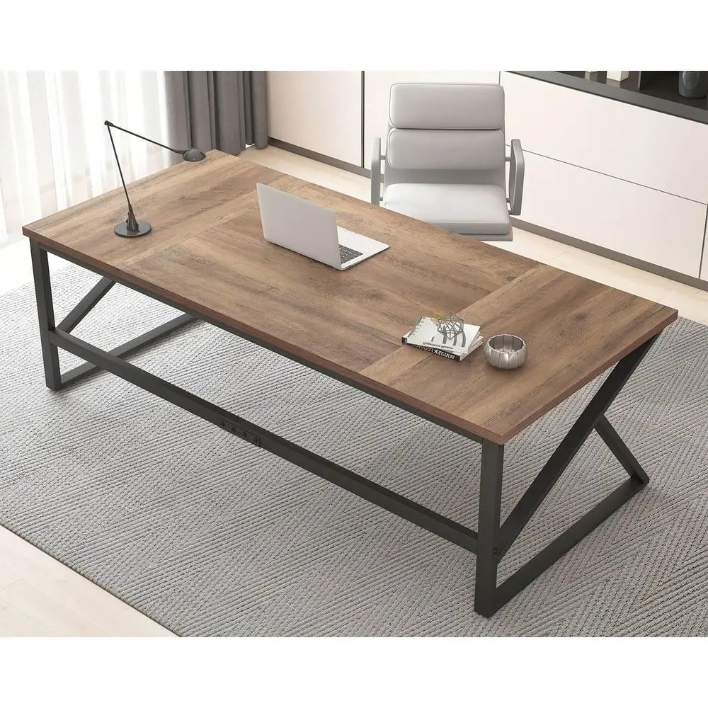 70 Extra Long Double Desk for Home Office, Rustic Wood and Metal, Ideal for Two People, Study or Gaming