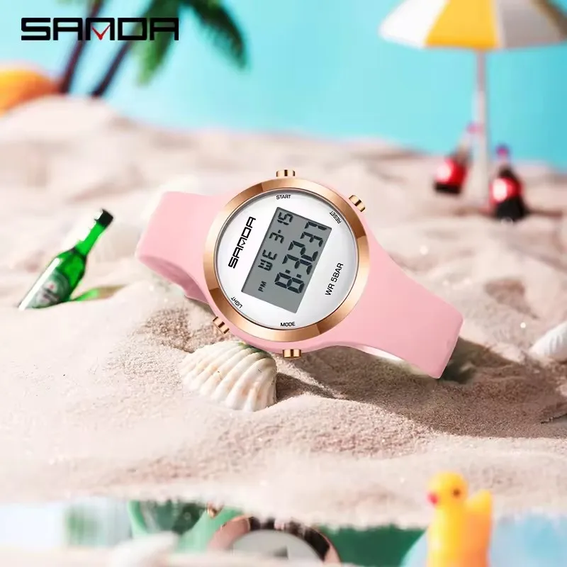 SANDA 2147 ساعات إلكترونية عصرية للفتيات بتقويم مضيء رياضية مقاومة للماء متعددة الوظائف للطلاب ساعة يد رقمية غير رسمية