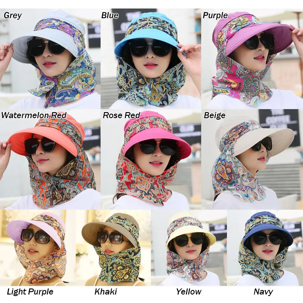 1Pcs Fashion Women Summer Outdoor Riding Anti-UV Sun Hat Beach Foldable Sunscreen Floral Print Caps Neck Face Wide Brim Hat