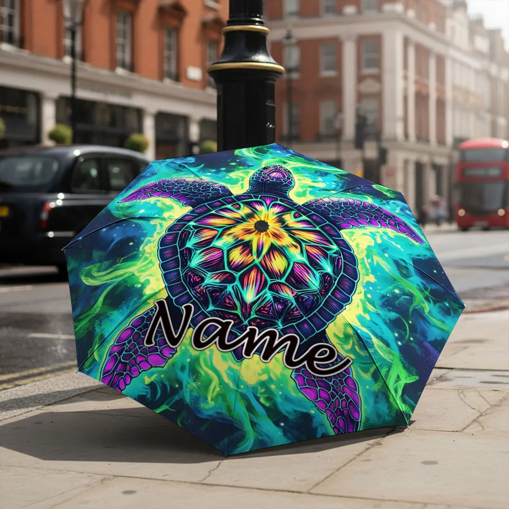 Custom Name Umbrella Neon Space Sea Turtle Print Folding Umbrella,Sun Rain Dual‑Use, Portable Travel Parasol For Men Women