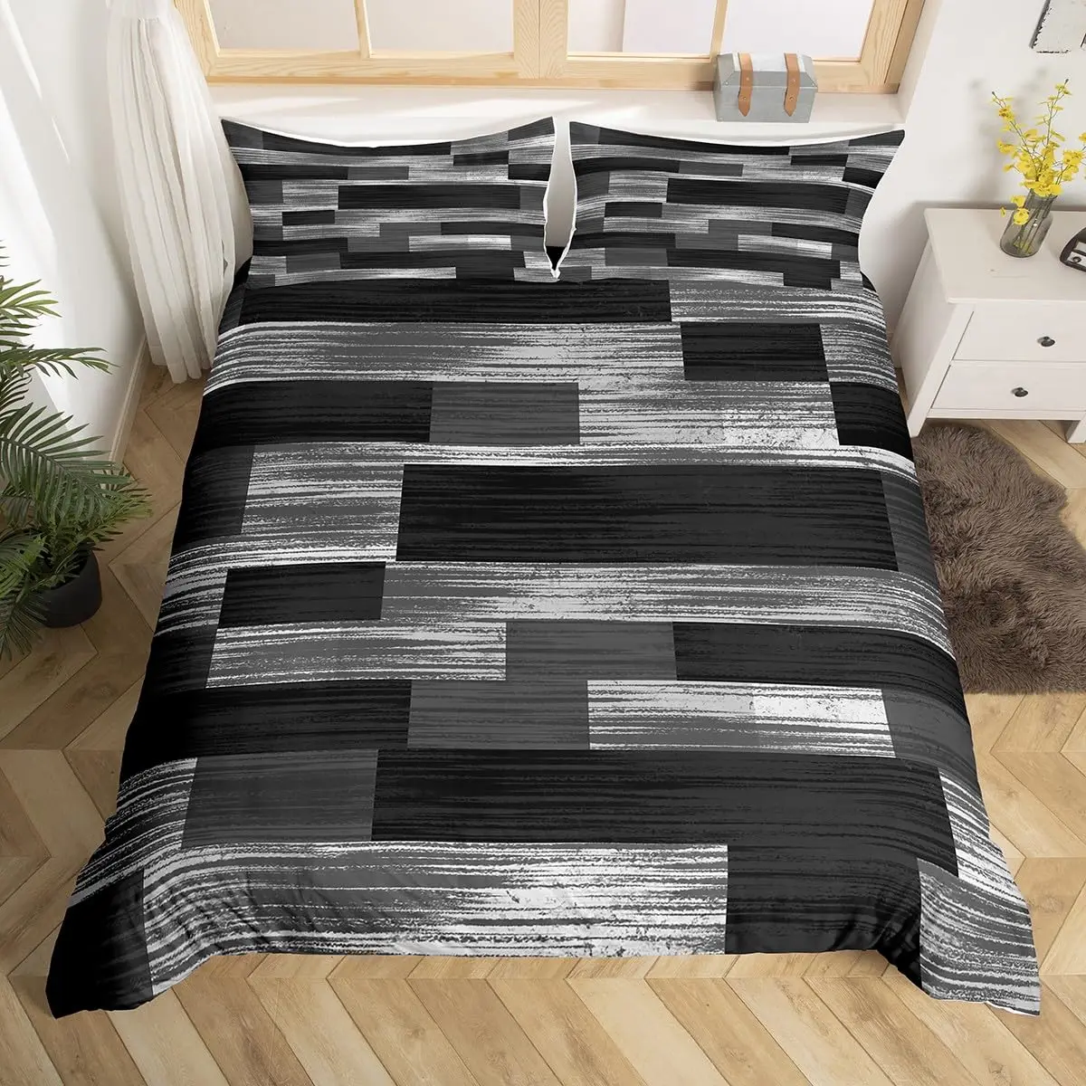 

Geometric Bedding Set,Patchwork Plaid Duvet Cover Twin King for Teens Adults,Retro Vintage Comforter Cover,Wooden Plank Bed Set