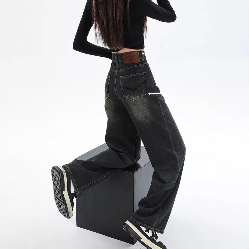 

Цементно-серые прямые свободные джинсы с высокой талией, женские широкие брюки, осенние модные уличные брюки для мужа