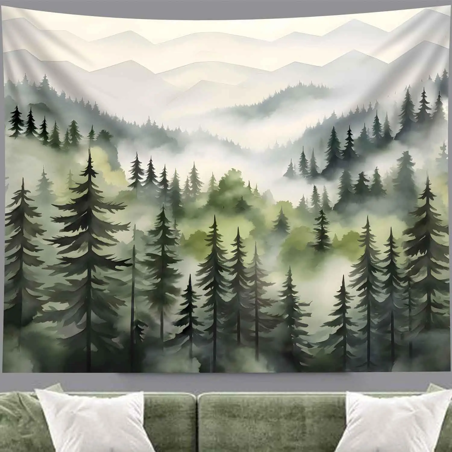 Misty Mountain Forest Tapestry,Green Nature Foggy Watercolor Tree Tapestries Landscape Scenery Tapestry Wall Hanging for Bedroom