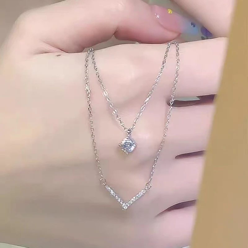 Real 925 Sterling Silver Sparkling Zircon Stacked Chain Pendant Choker Necklace For Women Fine Jewelry Advanced Accessories