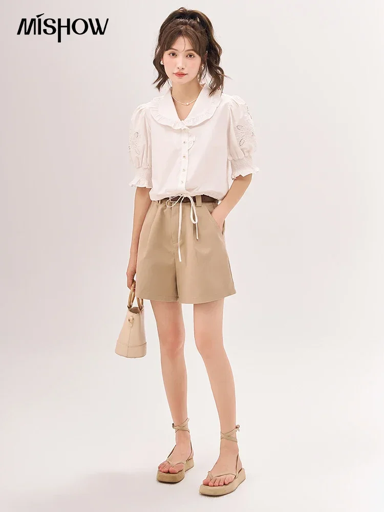 MISHOW [Van Gogh/Sunflower Collection] Shirt 2023 Summer Peter Pan Collar Single Breasted Puff Sleeve Embroidered Top MXC39X0098