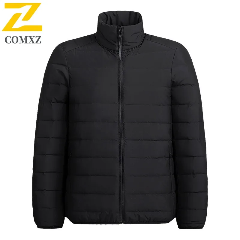 

COMXZ мужской пуховик 2025, сверхлегкая теплая парка для работы на открытом воздухе, однотонная парка с воротником-стойкой, уличное морозостойкое зимнее пальто