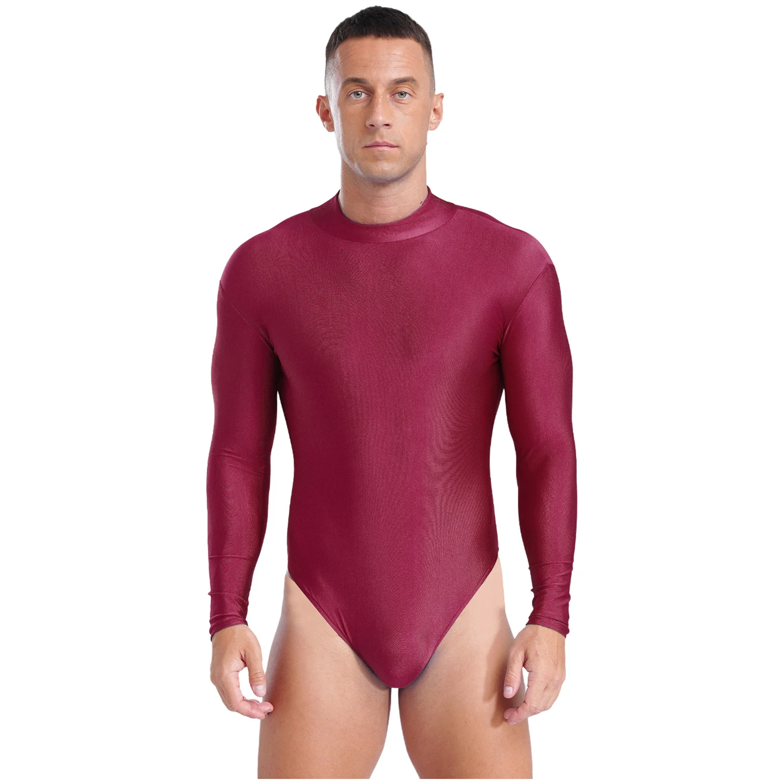 

One Piece Men Long Sleeve Bodysuit Swimsuit Solid Color Zipper Back Stretchy Leotard for Gymnastics Acrobatics Diving Swimwear