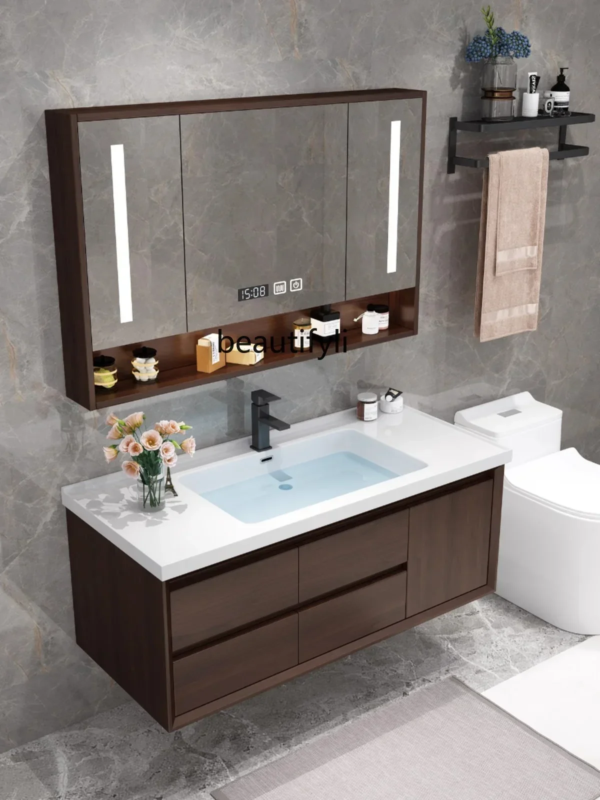 

45Ceramic Integrated Bathroom Cabinet Combination Bathroom Stone Plate Washbasin Washstand Oak Wall Cupboard