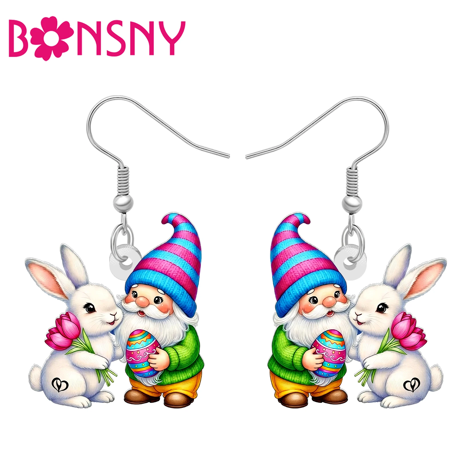 BONSNY Acrylic Easter Eggs Gnomes Bunny Dangle Earrings Garden Tulip Rabbit Holiday Jewelry Spring Gnome Gifts For Women Charms
