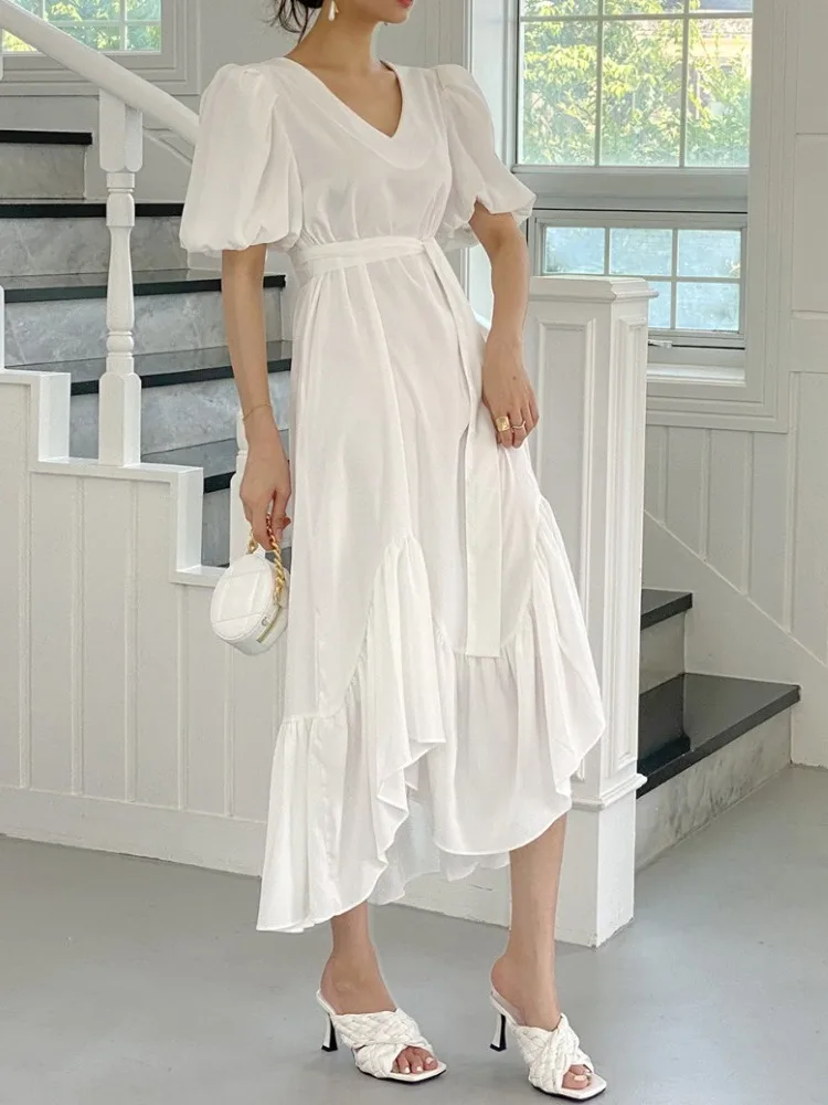 Gonna Ele V-ne in chiffon con orlo arricciato e cintura foderata interna asimmetrica lunga Dr per donna nella stagione estiva