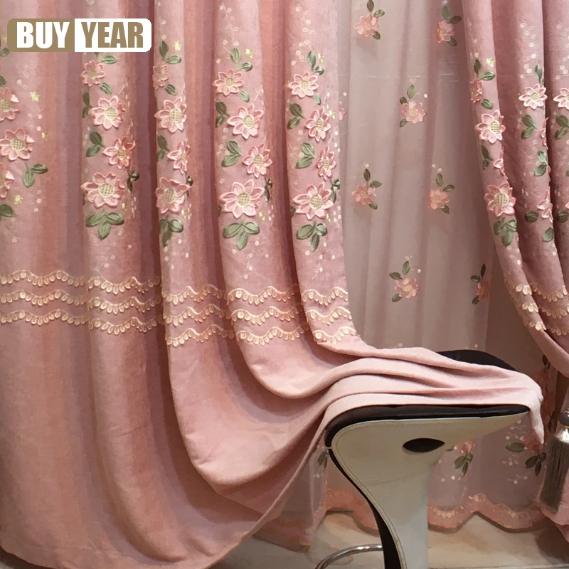 Embroidered Curtains for Living Room Bedroom Pink Flower Curtain Simple Modern Blackout Girl's Windows Backdrop European Luxury