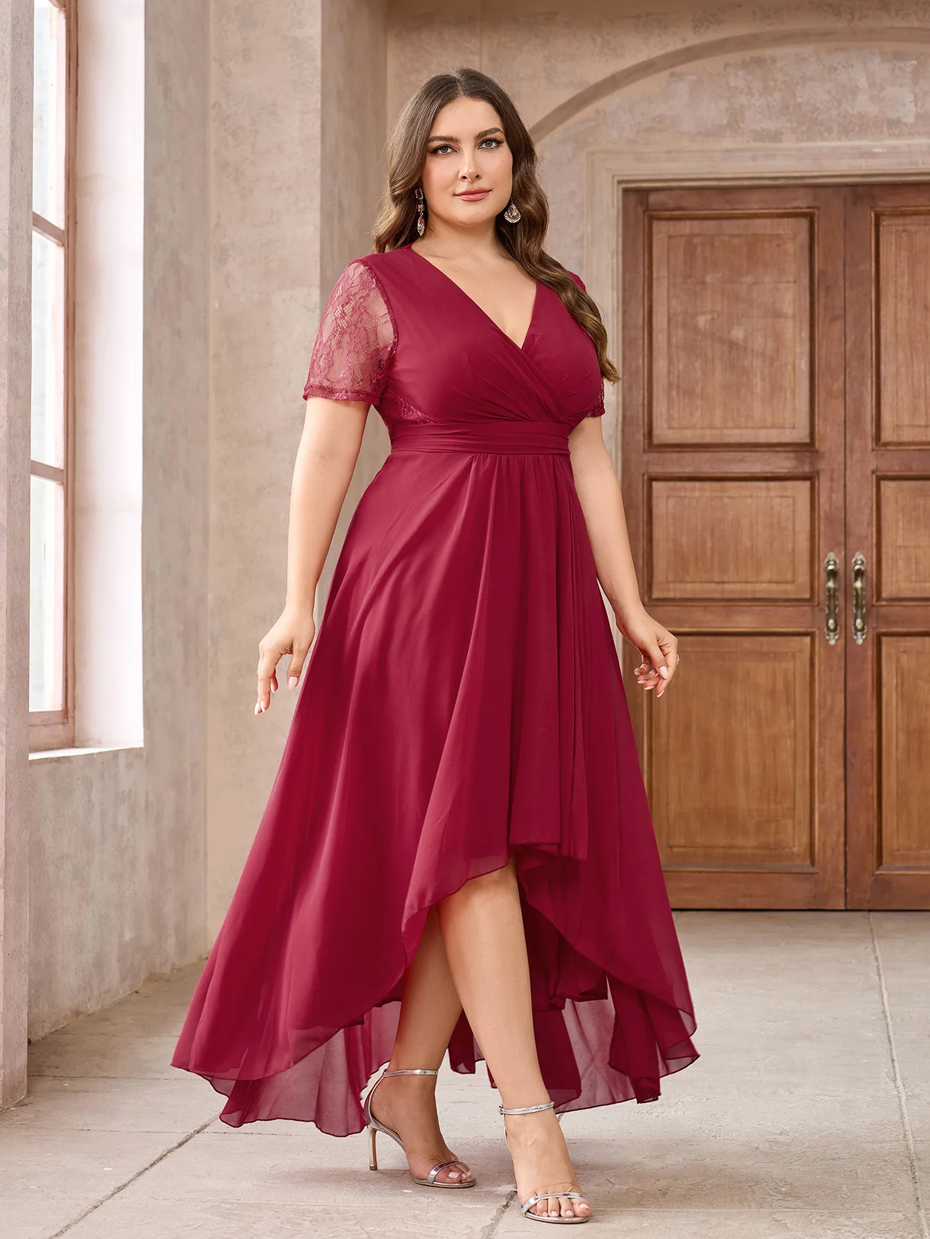 Plus Size Eleganckie suknie wieczorowe Ruffles Sleeve Pleated V-Neck Midi 2024 Ever Pretty of A-Line Chiffon Wedding Guest Dress