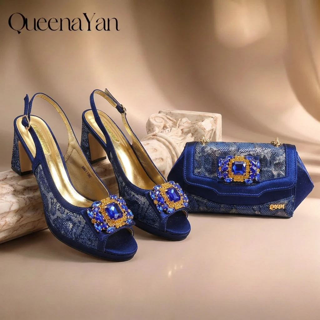 Women Royal Blue Peep Toe Slingback Block High Heels with Rhinestone Decor, Italian Luxury Matching Chain Bag Set For Wedding