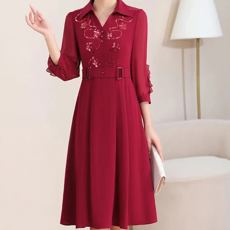 Fashionable women's 2024 new spring and autumn solid color patchwork printed 3/4 sleeved sequined polo collar midi A-shape dress