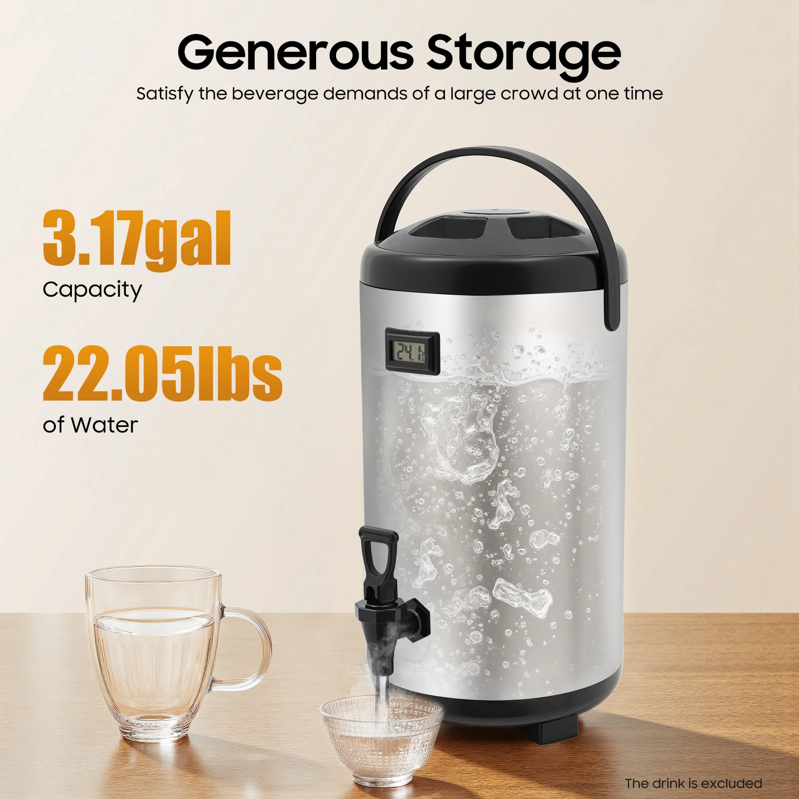 

3.17Gal Insulated Beverage Dispenser, 12H Hot/Cold, 304 Stainless Steel with Faucet for Party Wedding Outdoor Camping