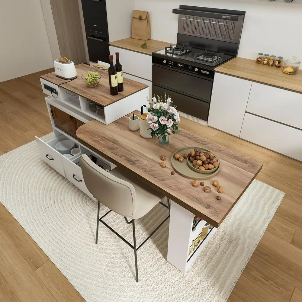 Rolling Kitchen Island with Expandable Counter, Storage, Seating, Built-in Outlet & Lockable Wheels