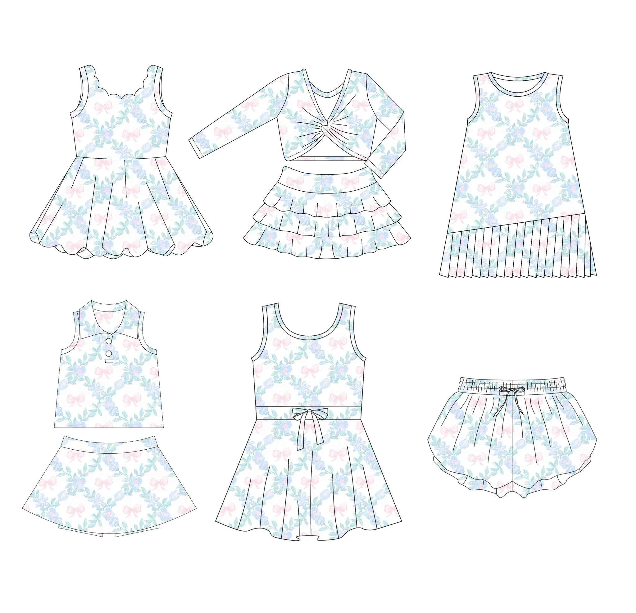 Baby Girl's 6-Piece Set Polka Dot Bow Sling Suit with Cartoon Flower Print Skirt And Shorts New Boutique Children's Dress