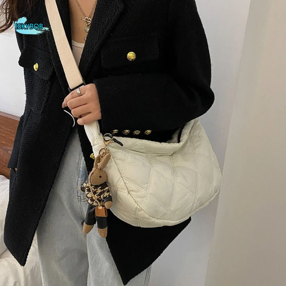 

Multifunctional Padded Nylon Shoulder Bag Large Capacity Casual Embroidery Crossbody Bags with Pendant All-match