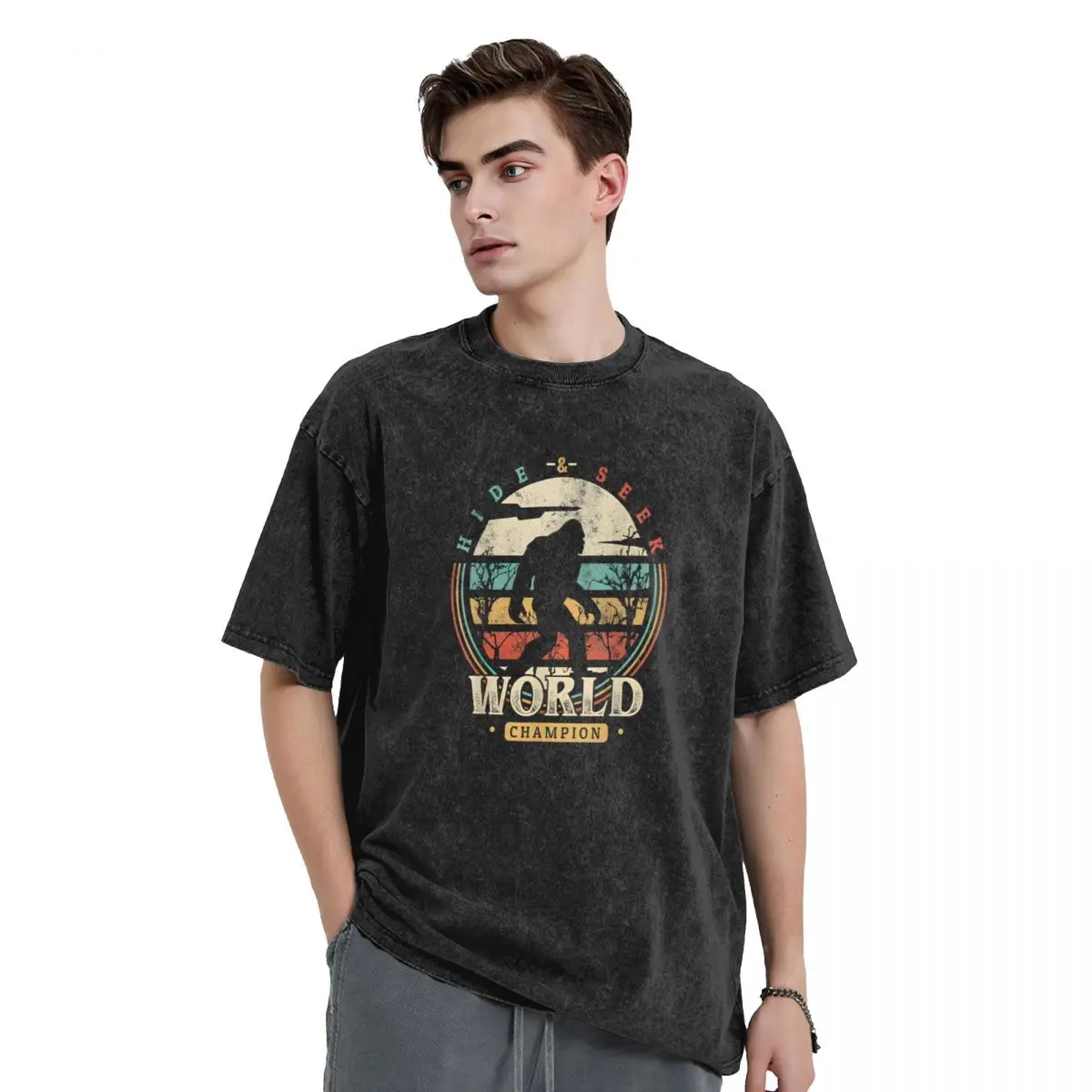 

Bigfoot Men's Crew Neck Short Sleeve T-Shirt Washed Cotton Oversize T Shirts Vintage Top Tees Retro Hoodies Man Clothing