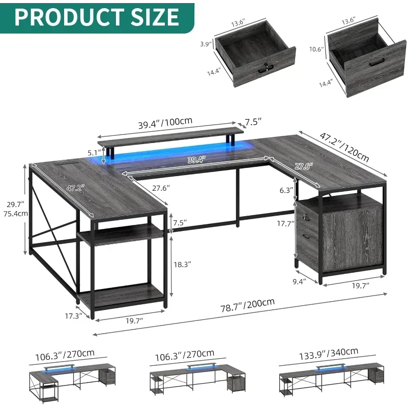 Mesa Em Forma De L Com Gavetas, Mesa De Computador Reversível Com Tomadas De Energia E Luzes LED, Grande Canto Do Escritório