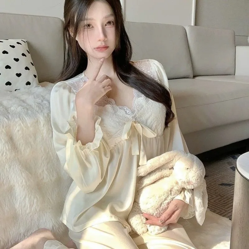 New Pajamas with Chest Pad Women Spring and Autumn Ice Silk Long Sleeve Pants Summer Anti-convex Point Thin Home Wear Comfort