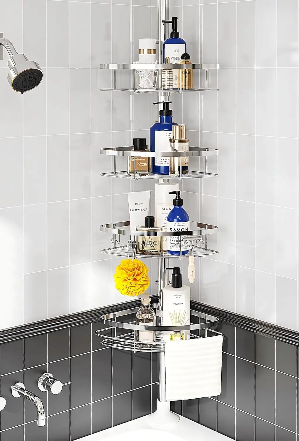 4 adjustable shelves with tension bar for bath shampoo accessories storage rack