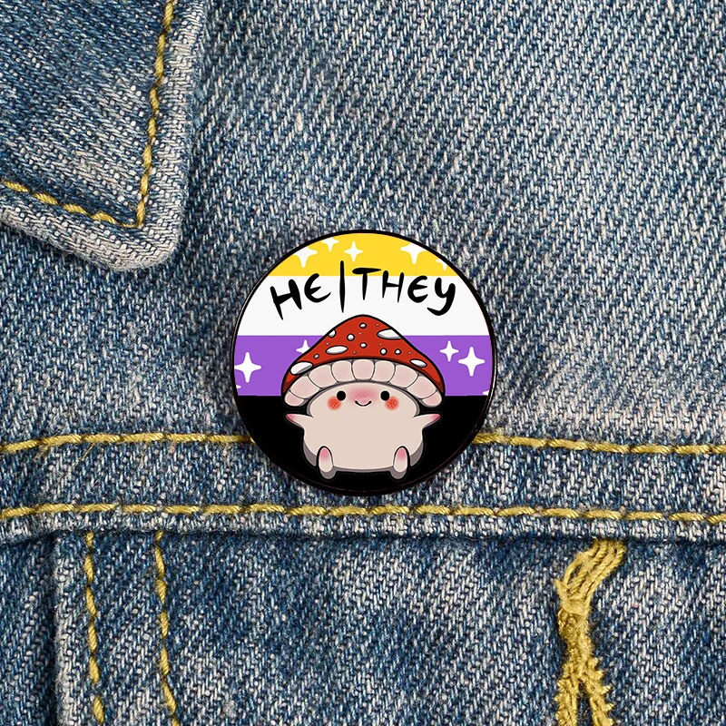 Non Binary pride Mushroom he they pronoun Pin Custom Funny vintage Brooches Shirt Lapel teacher Bag Badge pins for Lover Friends