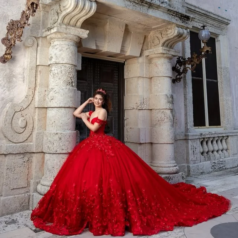Красное платье Quinceanera с открытыми плечами по индивидуальному заказу, кружевное платье с блестками и аппликацией, тюлевое платье с 3D цветами и шлейфом, платья de 15, Quinceanera