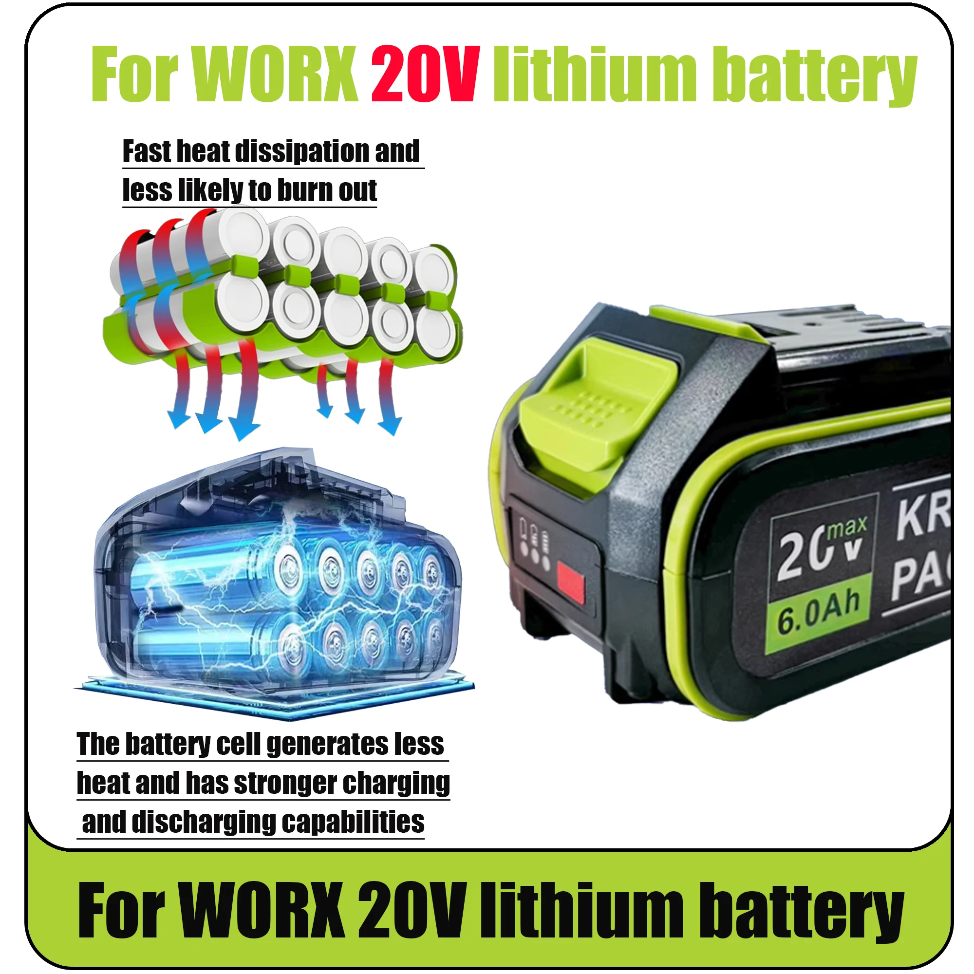 Horká baterie pro WORX WA3520 6000mAh/8000mAh Li-ion pro nářadí Dewalt pro WORX 5pin WA3525 20V akumulátorové nářadí - náhled 3