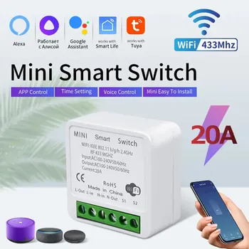 20A Tuya WiFi Mini DIY akıllı anahtarı modülü 2-way kontrol 433MHz Tuya akıllı yaşam App Alexa Google ev ses kontrolü ile çalışmak