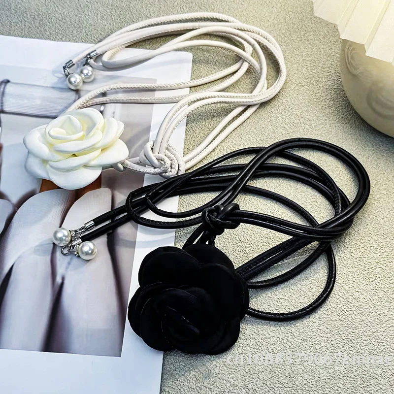 Camellia Flower Leather Rope Waist Chain For Women Thin Belt Sweet Knot Waistband Fashion Clothes Dress Decorative Girdles Strap
