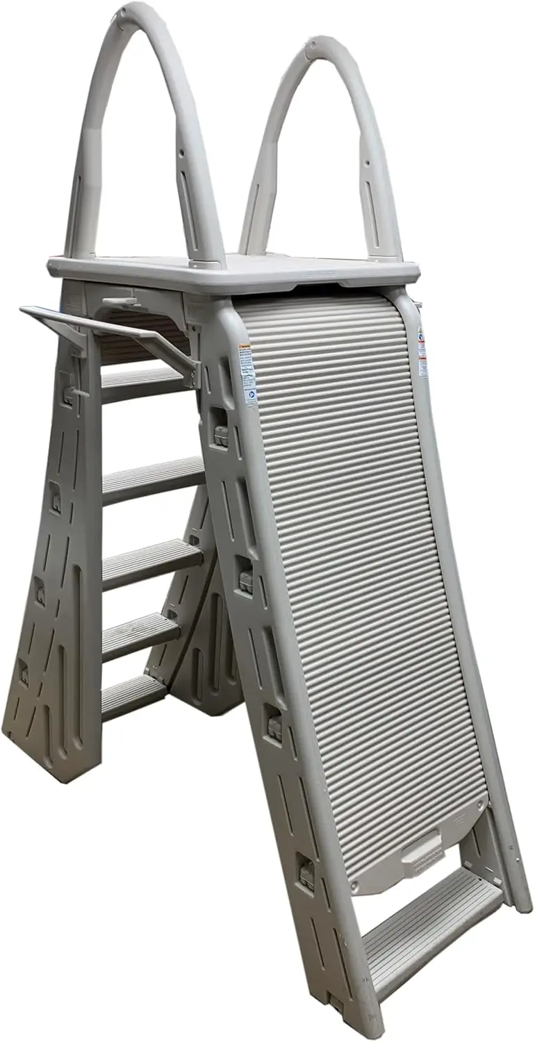 Adjustable Above Ground Pool Safety Ladder, Heavy Duty A Frame Swimming Pool Step Support Rail Platform, Outdoor Backyard Patio Pool Barrier Ladder System, Warm Grey
