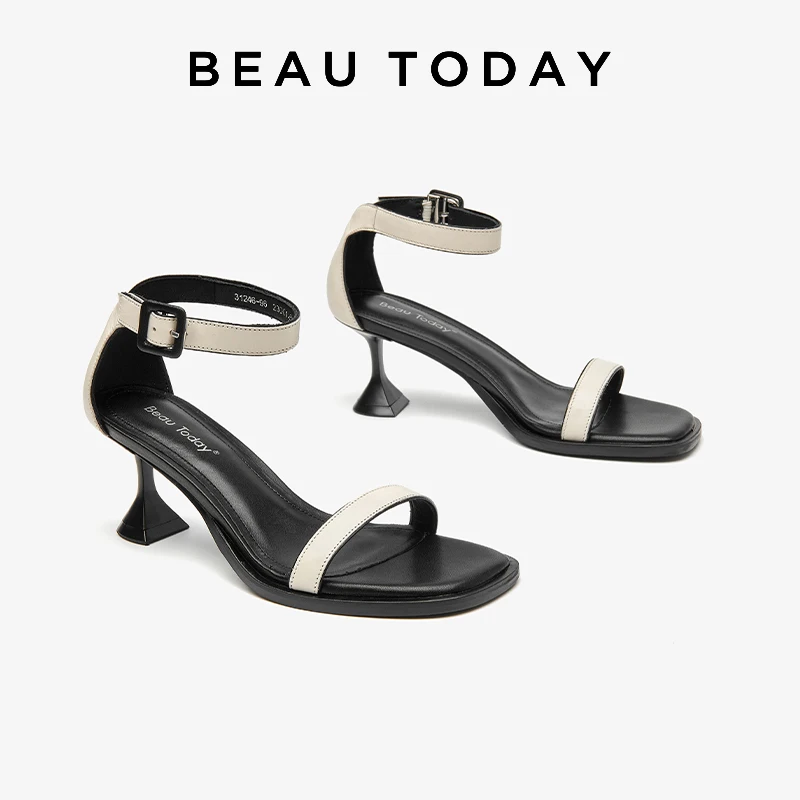 BEAUTODAY Fashion Pumps Women Genuine Cow Leather Mixed-colors Strap Metal Buckle 2023 Ladies High-heel Shoes Handmade 31246