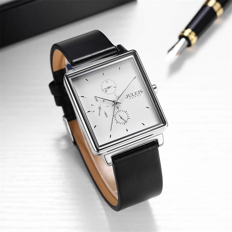 Real Multi-function Men's Watch Japan Quartz Rectangle Man Hours Fine Fashion Real Leather Bracelet Boy's Gift Julius Box