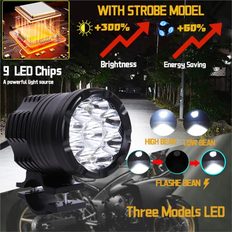 Additional LED Motorcycle Lights Front Headlight Spotlights Long Range Round 12-80V 9 Chips High/Low/Strobe Auxiliary Fog Lights