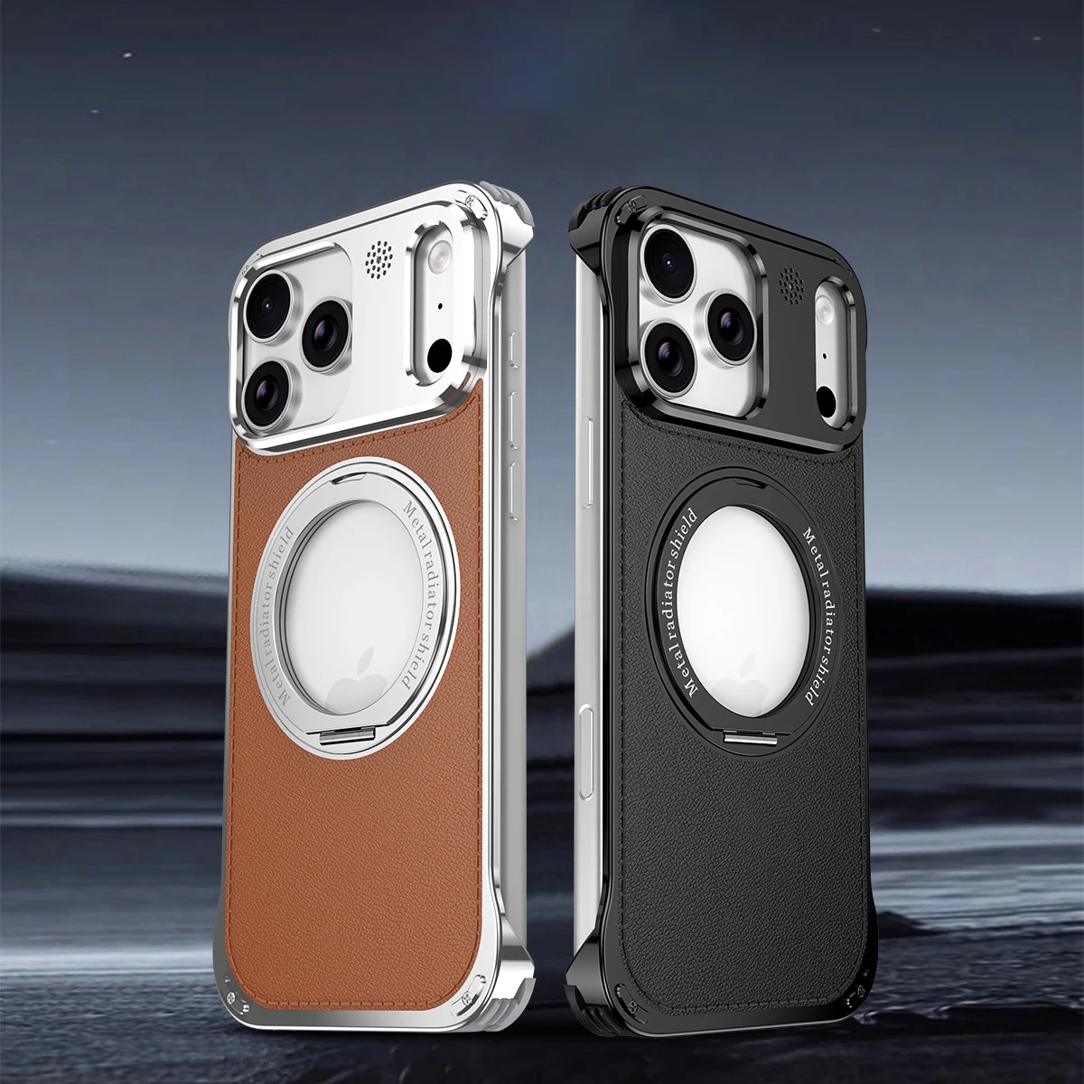 

Роскошный кожаный чехол для телефона iphone 17 Pro Max с металлическим чехлом на 360° ° Кольцевая подставка-держатель 16, 15, 14, безрамный корпус, защитная оболочка