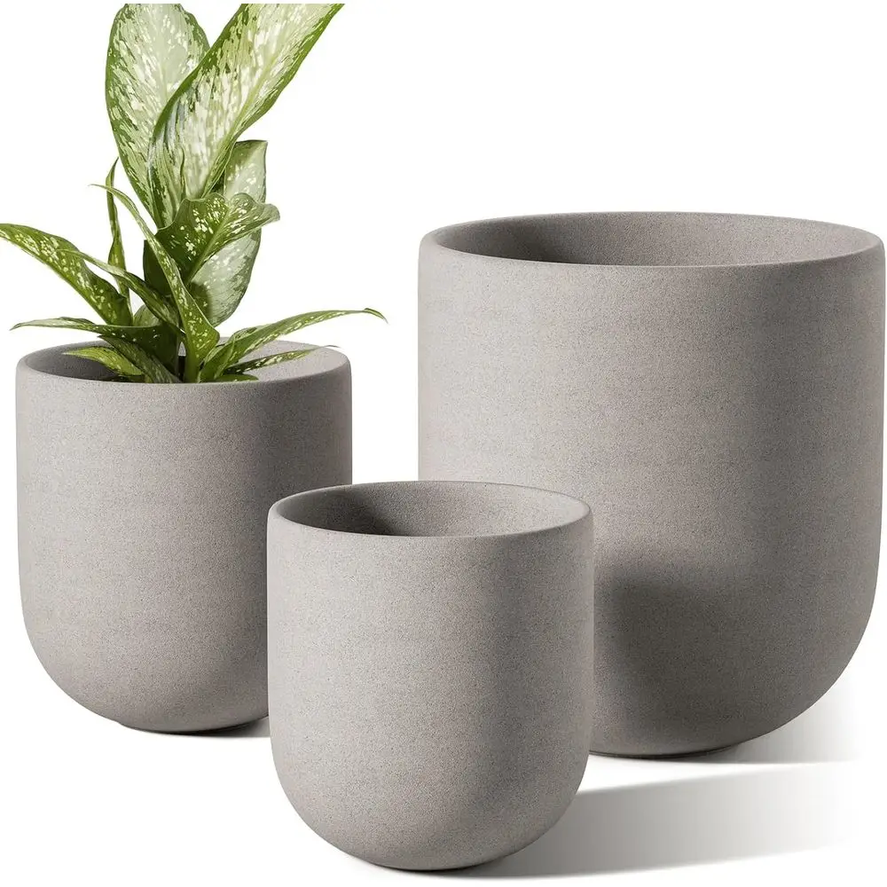 

6+8+10 Inch Indoor Plant Pots Set of 3, Cylinder Planters with Drainage, Neutral Gray for Home or Office