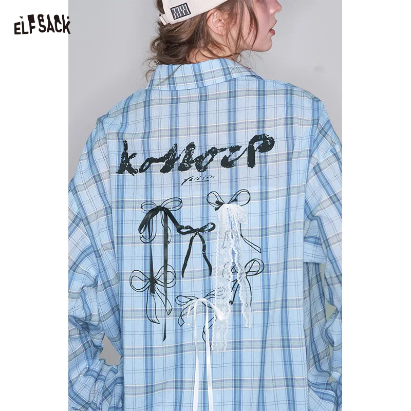 ELFSACK 2025 Spring New Arrivals Sweet Plaid Lace Bow Shirt Women Preppy Style Casual Single Breasted Top