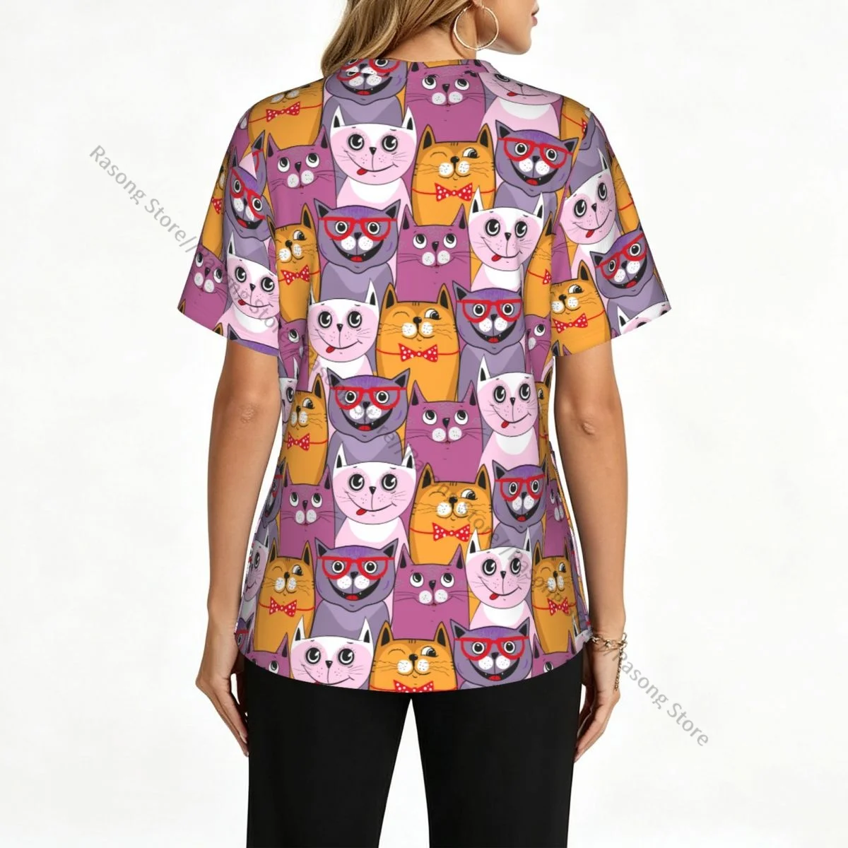 Colorful Cute Cats Scrubs tops medical uniforms women V Neck Stretch Scrub Shirt Dentist doctor Blouse