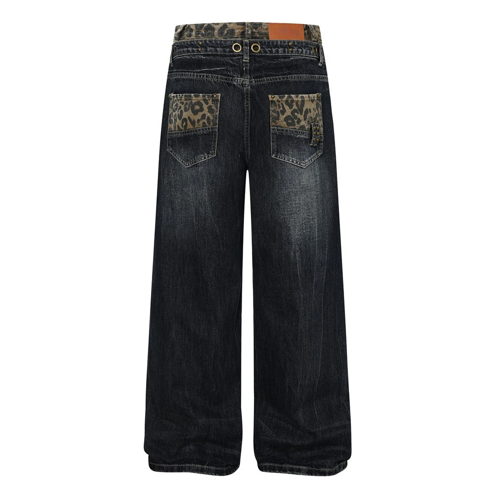MWJLPWQ Fake Two-Piece Double-Cuff Patchwork Jeans For Men Loose Straight-Leg Unique Niche Design Sense Hippie Trend Pants 17382