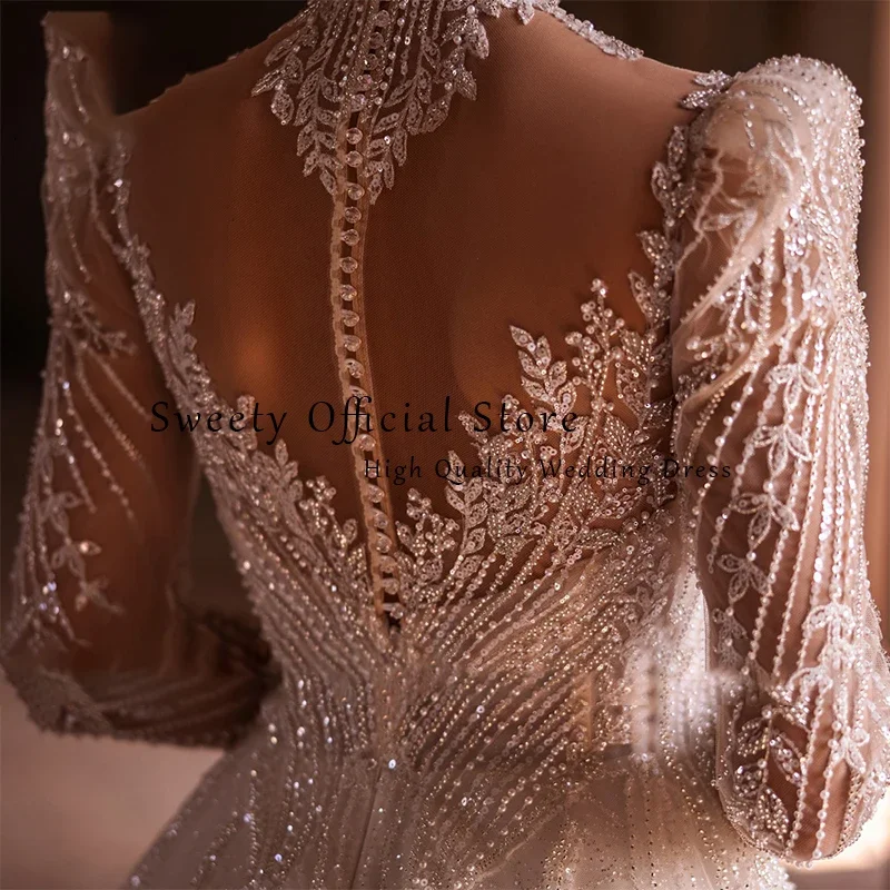 Robe de Mariée Luxueuse en Dentelle Brodée sur Filet, Tenue de Bal à Perles, Col Haut, Manches sulf, lèvent