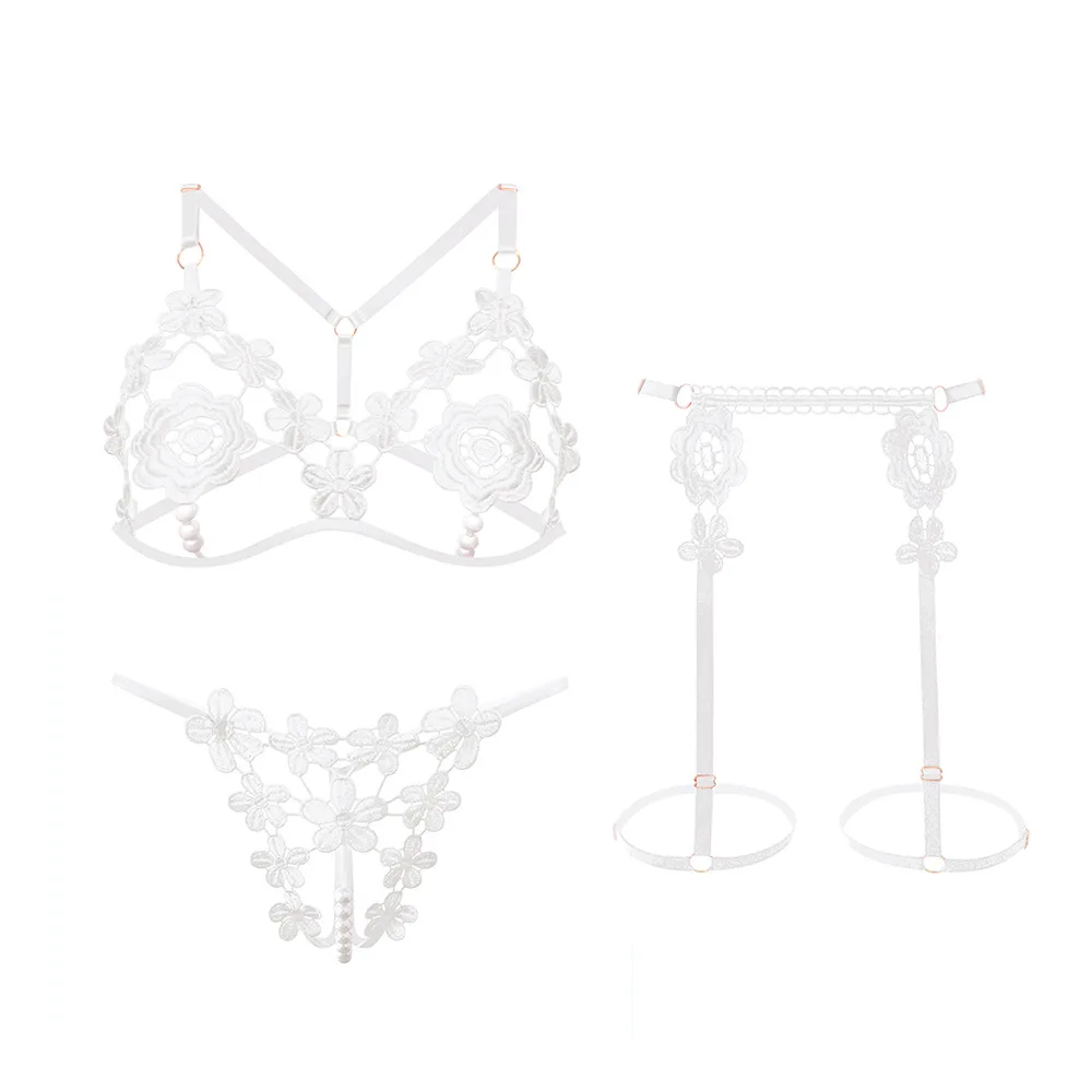 Plus size Sexy underwear embroidery bra passion seductive sexy panties garter three-piece set