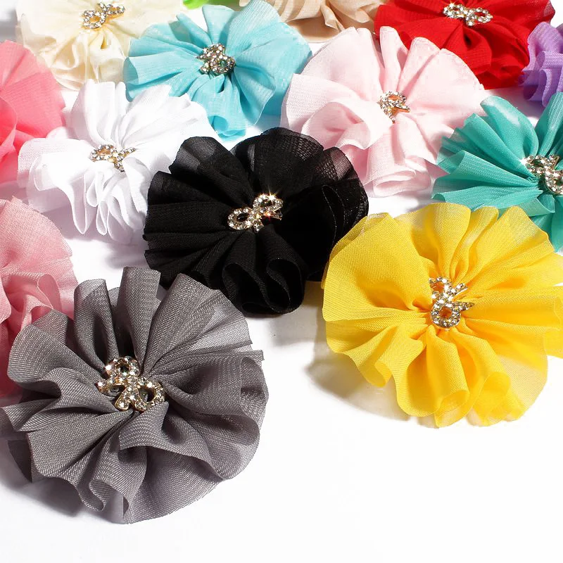 5pcs/lot 6.5cm 15colors Chiffon Flowers With Rhinestone Bow For Children Hair Accessories Fabric Flowers For Baby Headbands