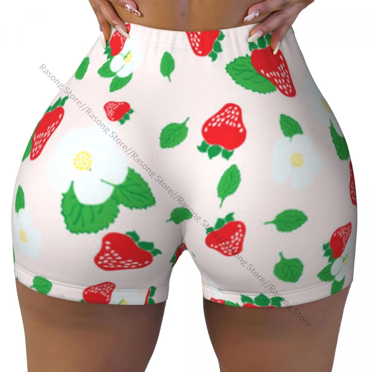 Yoga Shorts Flowers And Berries Strawberries Background Women Biker Tight Elastic Workout Sports Leggings Sportswear