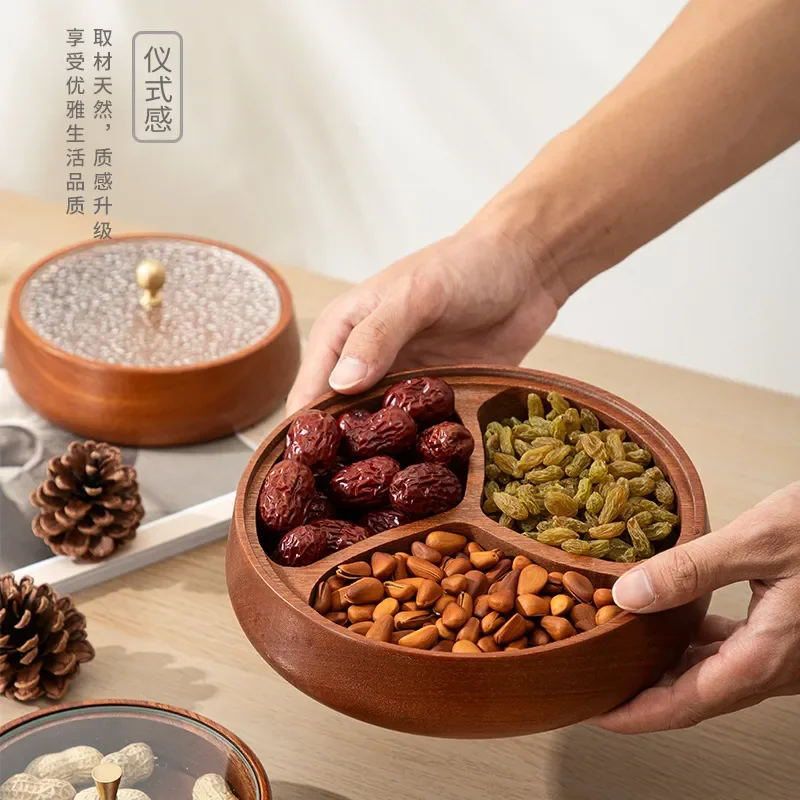 Retro Solid Wood Snack Box with Lid Partitioned Nut Container Simple Chinese Style Dried Fruit Plate for Home Use