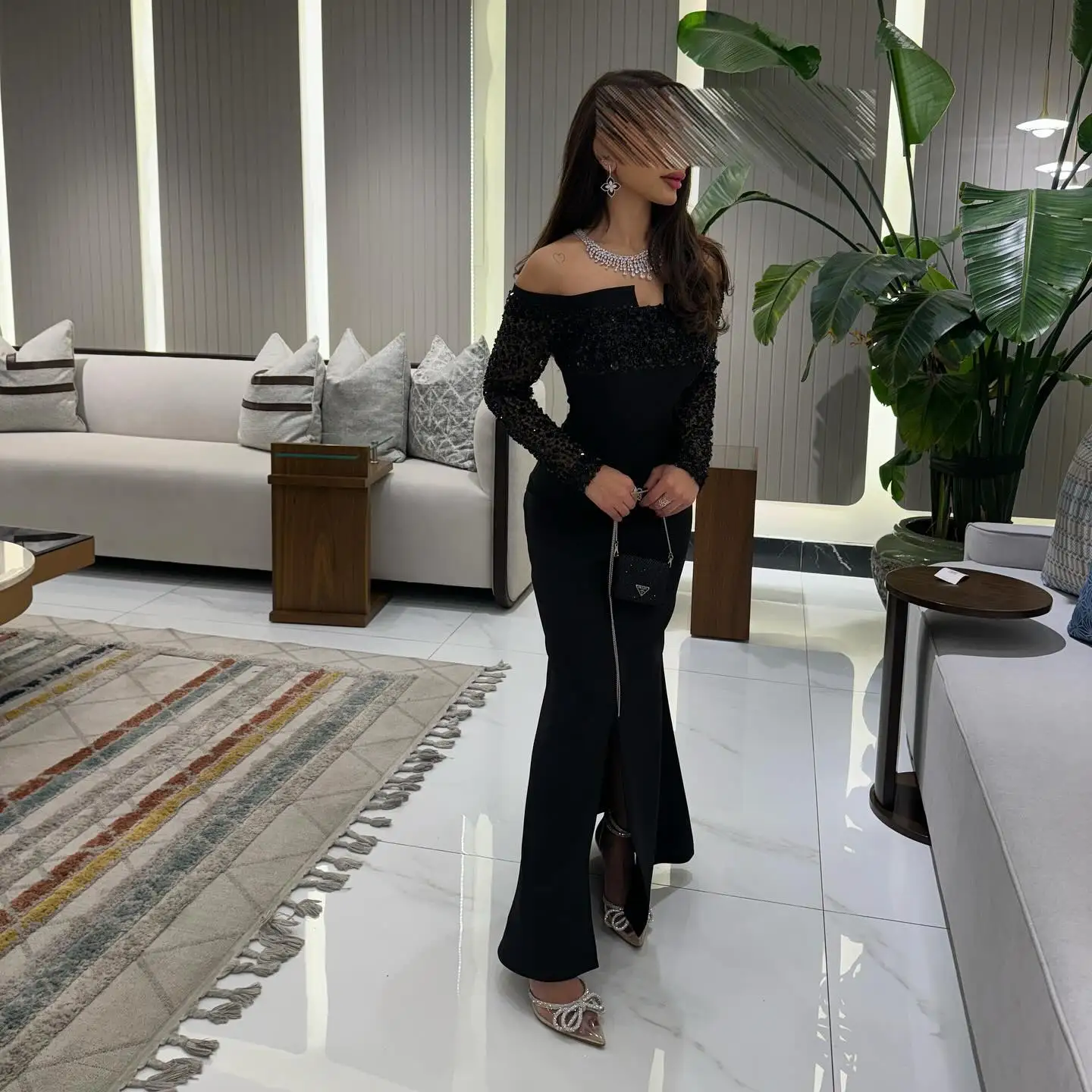 사용자 정의 블랙 저지 이브닝 드레스 클래식 보트 넥 오프 어깨 긴 소매 댄스 파티 드레스 크리스탈 레이스 파티 드레스