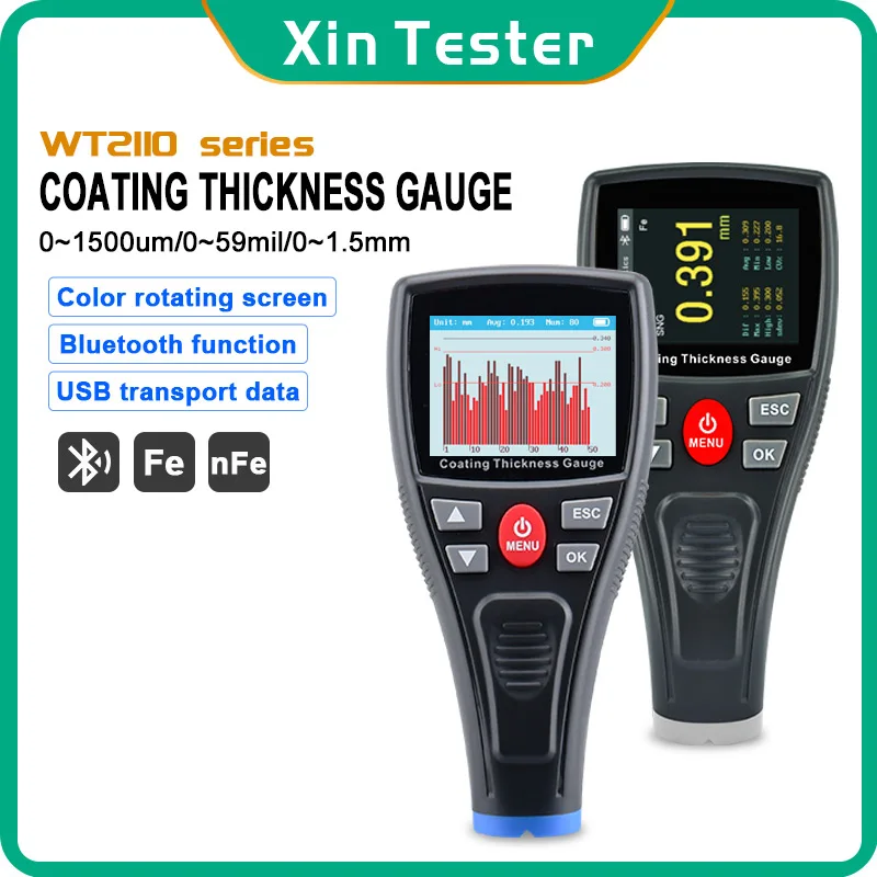 Xin Tester Coating Film Thickness Gauge Car 0-1800um Metal Fe/nFe Paint Thickness Meter Tester+Bluetooth+Rechargeable WT2110