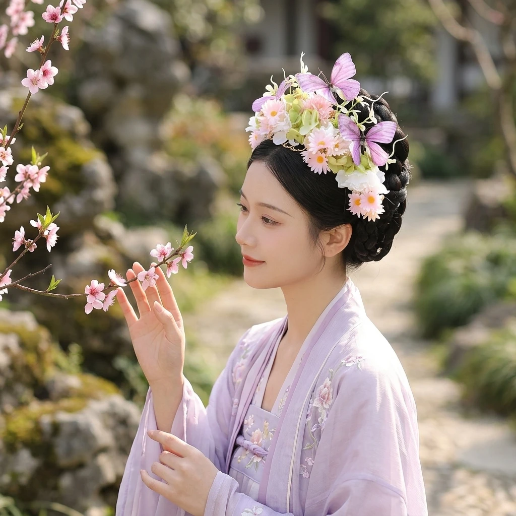 Elegant Flower Crown Butterfly Hairpiece for Hanfu Photoshoot Traditional Chinese Headwear Silk Floral Wedding Accessory view 5