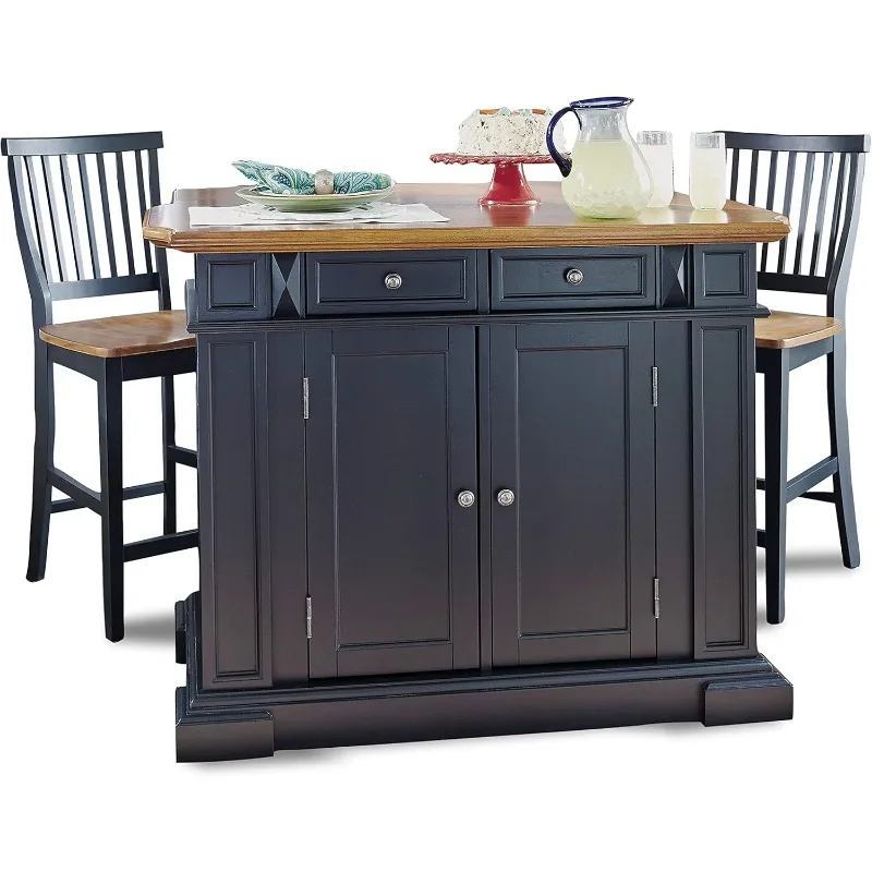 Kitchen Island Set with Two Matching Stationary Slat back Stools Extendable Breakfast Bar Open Storage and Shelves and Drawers