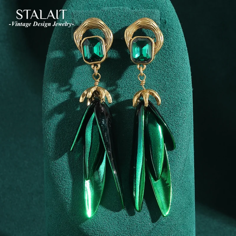 

Винтажные массивные серьги с изумрудными листьями, серьги с зелеными кристаллами для женщин, прямоугольные ретро-ювелирные изделия цвета античного золота, тренд 2025 г.